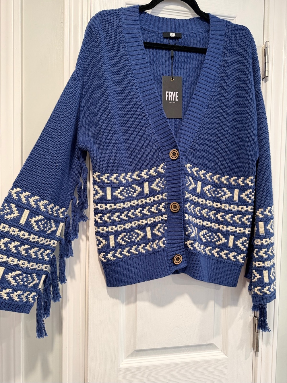 NWT FRYE Size XS Blue Cream Fair Isle Fringe Cotton Button Cardigan Sweater Boho